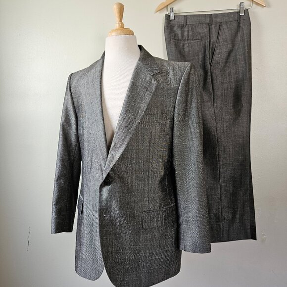 Vintage Faberge 80s Flashy Glam Gray Sharkskin Slub Mens 2 Piece Suit 42R/33W - Picture 1 of 10